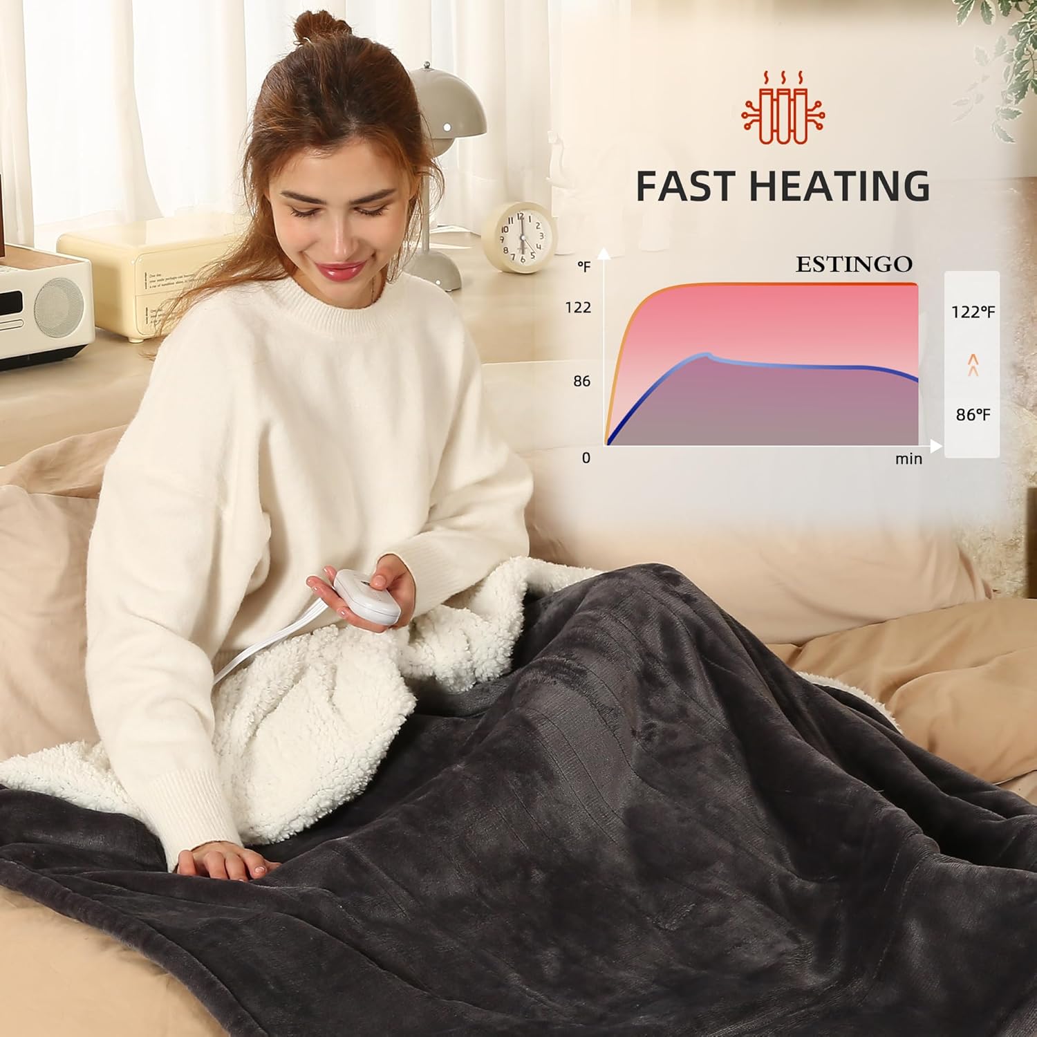 Manta térmica eléctrica tamaño individual, manta de calentamiento rápido con 5 niveles de calefacción y 10 horas de apagado automático, manta