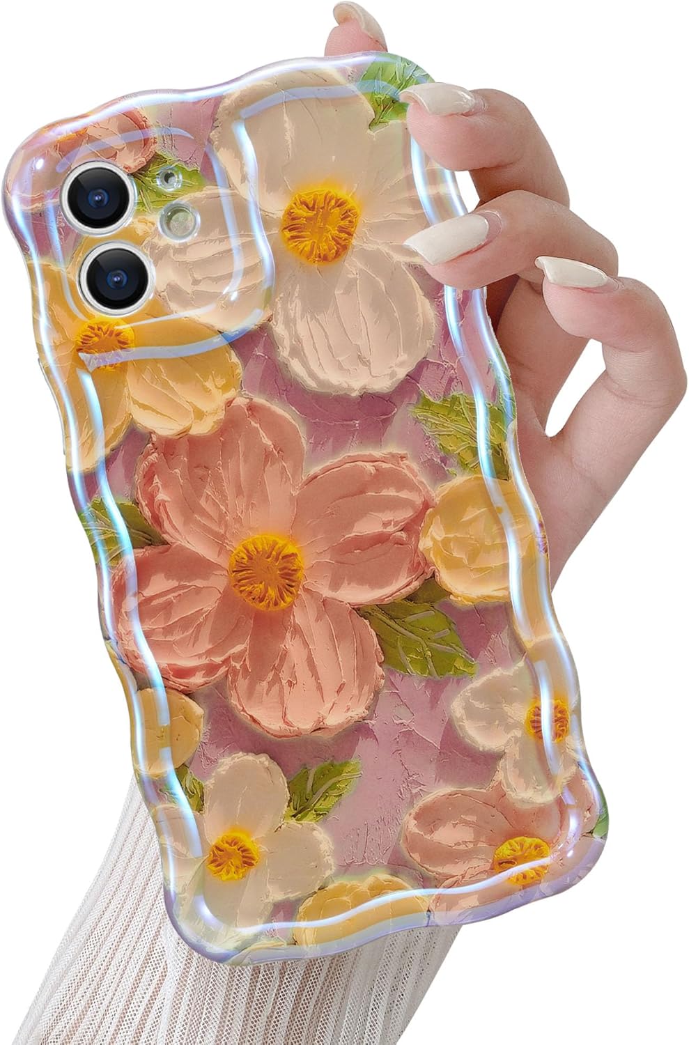 QLTYPRI Funda para iPhone 11, Colorido Láser Retro Pintura Al óleo Patrón De Flores Lindo Marco De Onda Rizada Exquisita Caja Del Teléfono Para
