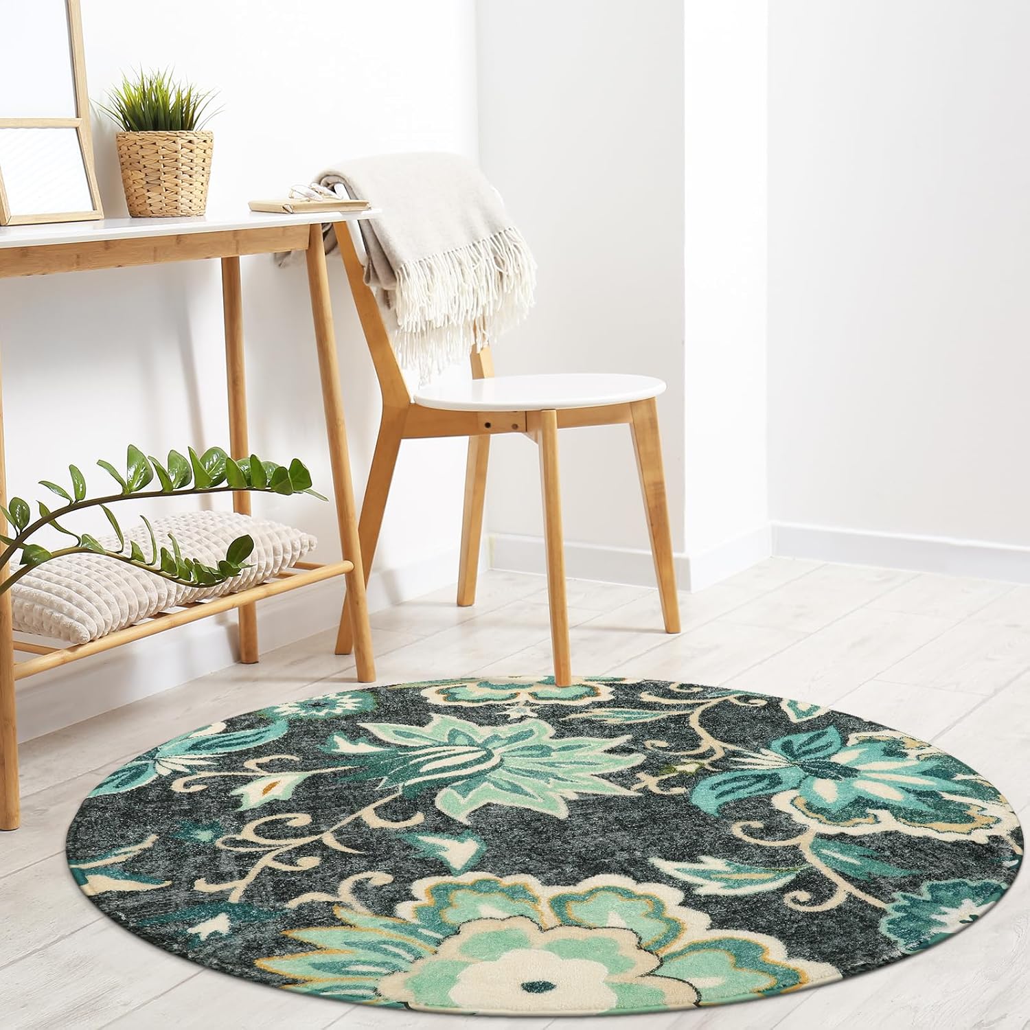 Lahome Alfombra redonda lavable floral de 3 pies, alfombra redonda pequeña y bohemia para dormitorio, antideslizante, resistente a las manchas, para
