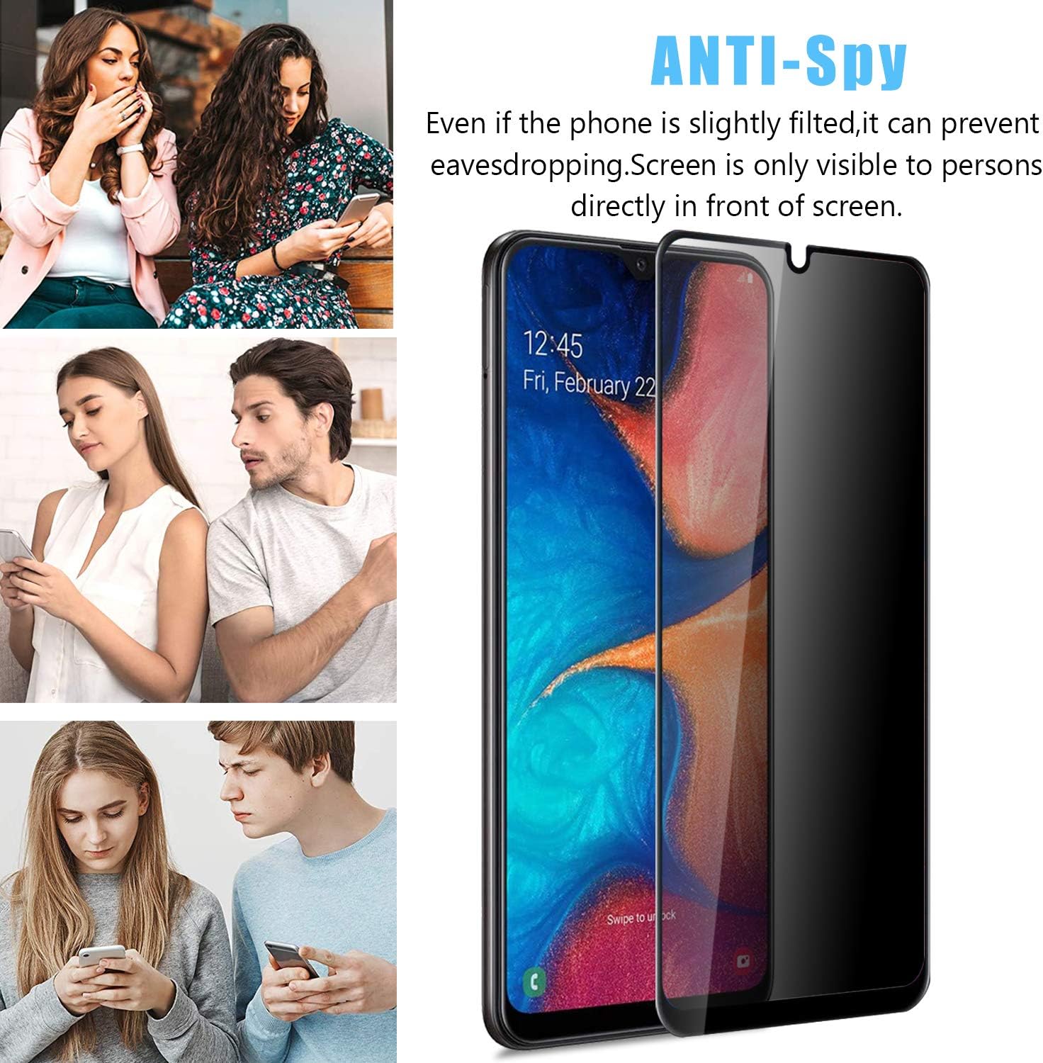 Anbzsign – Protector de pantalla de privacidad para Samsung Galaxy A20, cobertura completa, antiespía, privacidad 9H, dureza 9H, vidrio templado