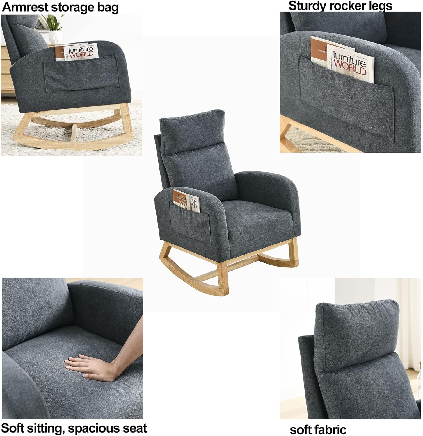 27.6 pulgadas de ancho, moderno acento mecedor, tapizado para habitación del bebé con respaldo alto y reposabrazos, cómodo sillón con dos bolsillos