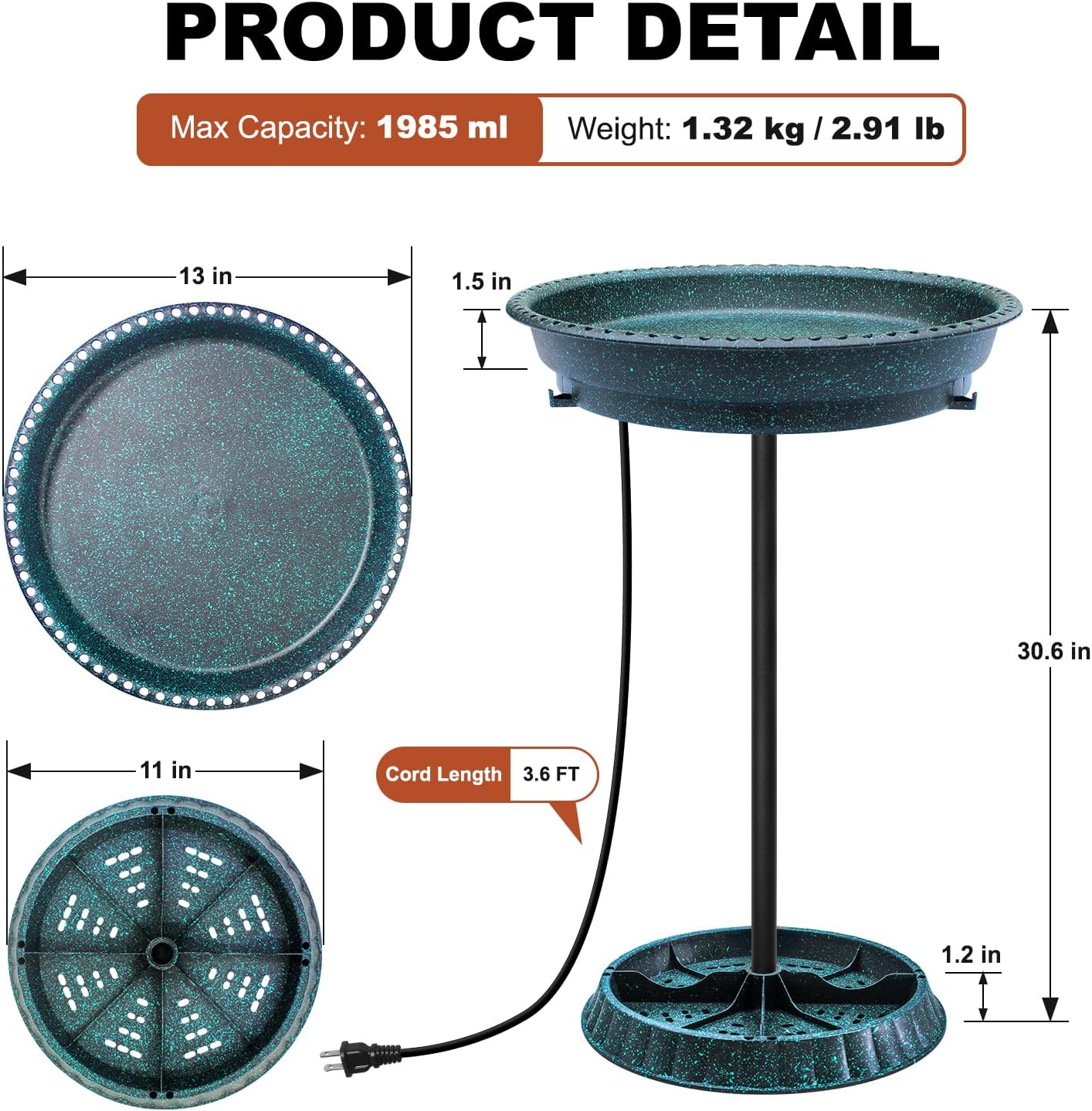 Bañera para pájaros climatizada, 75 W, control termostático, ligera, pedestal con estaca de metal, baños para pájaros calentados para exteriores,