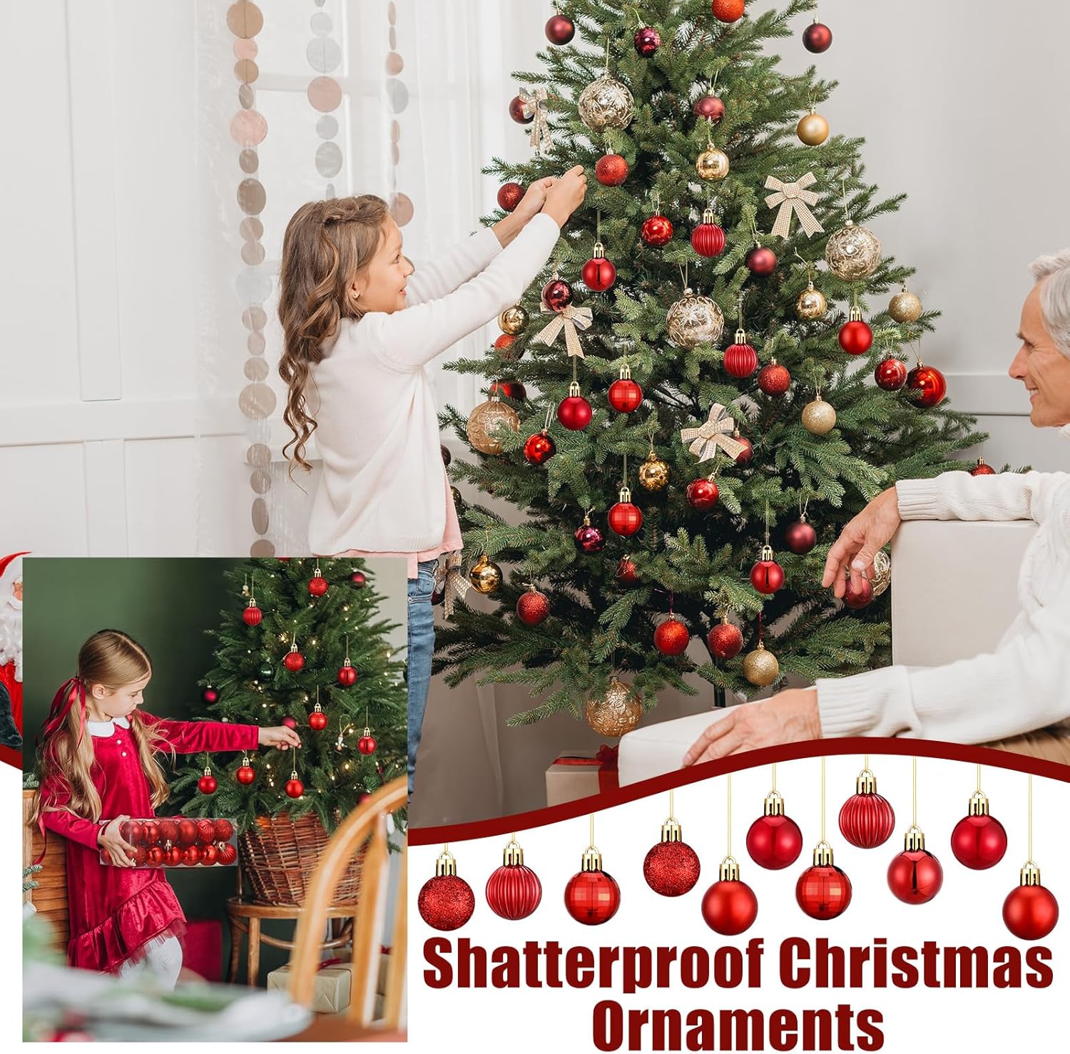 Shappy 216 adornos de mini bola de Navidad de 1.18 pulgadas, decoración de árbol de Navidad, 6 estilos, bolas pequeñas de Navidad inastillables con