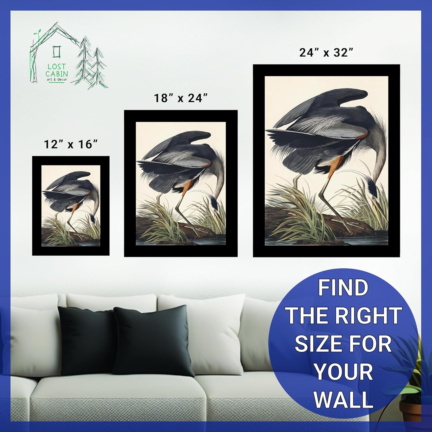 Lost Cabin Great Blue Heron de James Audubon  Lienzo en marco biselado dorado  Reproducción de pinturas de obras de arte finas  Póster decorativo