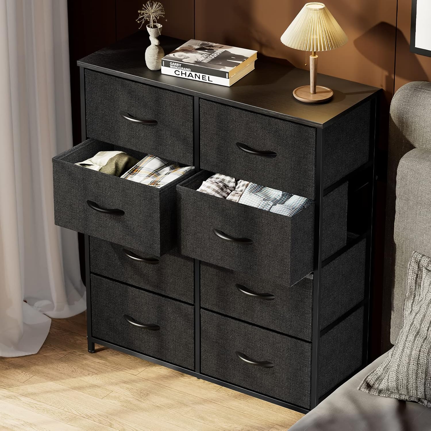 Sweetcrispy Cómoda para dormitorio, cajón alto, organizador de aparador, cajones de almacenamiento, torre de almacenamiento de tela con 8 cajones,