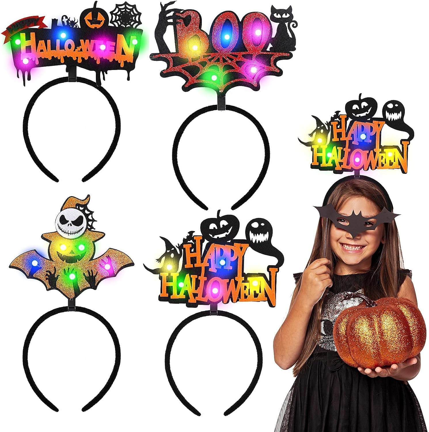 clothmile 4 diademas de Halloween iluminadas con luz LED de calabaza brillante y gato negro, telaraña, diadema LED de Halloween, fiesta, cumpleaños,