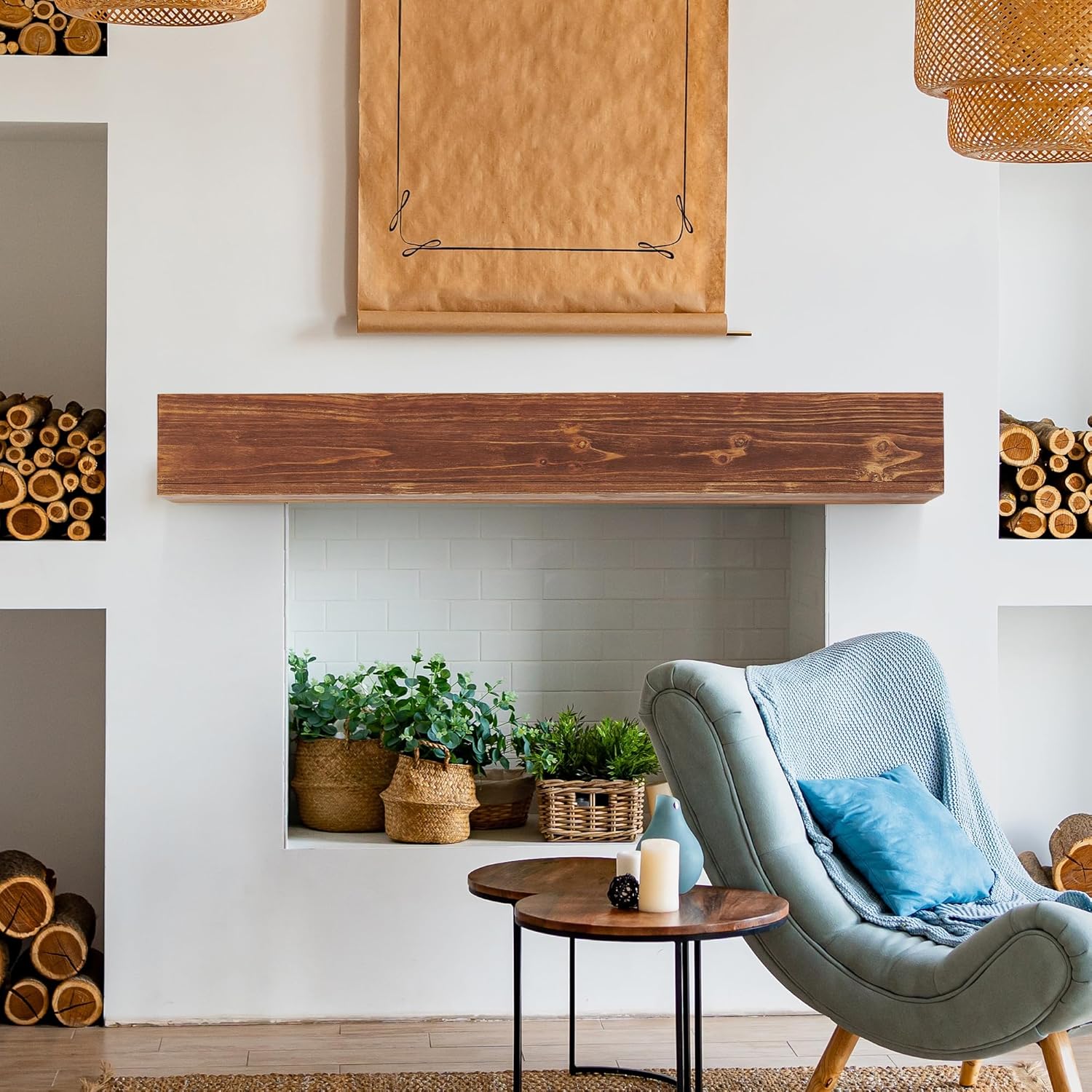 Repisa flotante rústica para chimenea, manto de madera hecho a mano para sobre chimenea, estante de chimenea de granja montado en la pared con