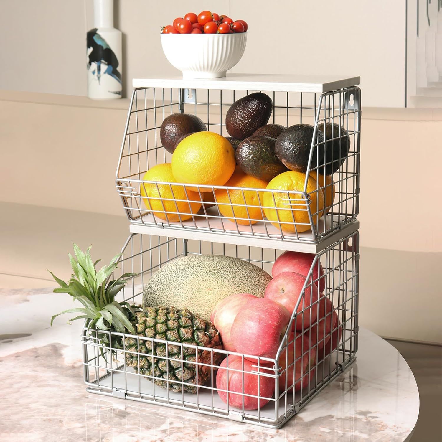 Cesta de frutas plateada, apilable para montar en la pared, cesta de almacenamiento con tapa de madera, cesta de alambre colgante de cocina para