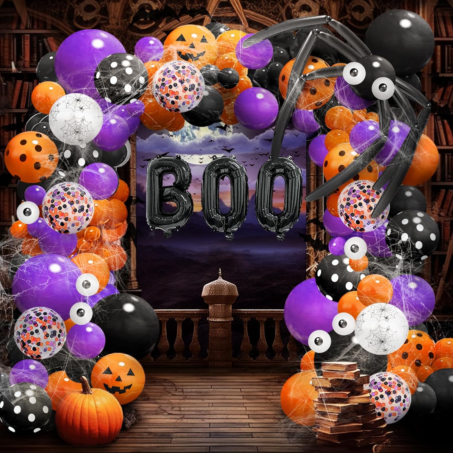 MJartoria Kit de guirnalda de globos de Halloween de 149 unidades, color naranja, negro y morado, kit de guirnalda de globos de araña, calabaza,