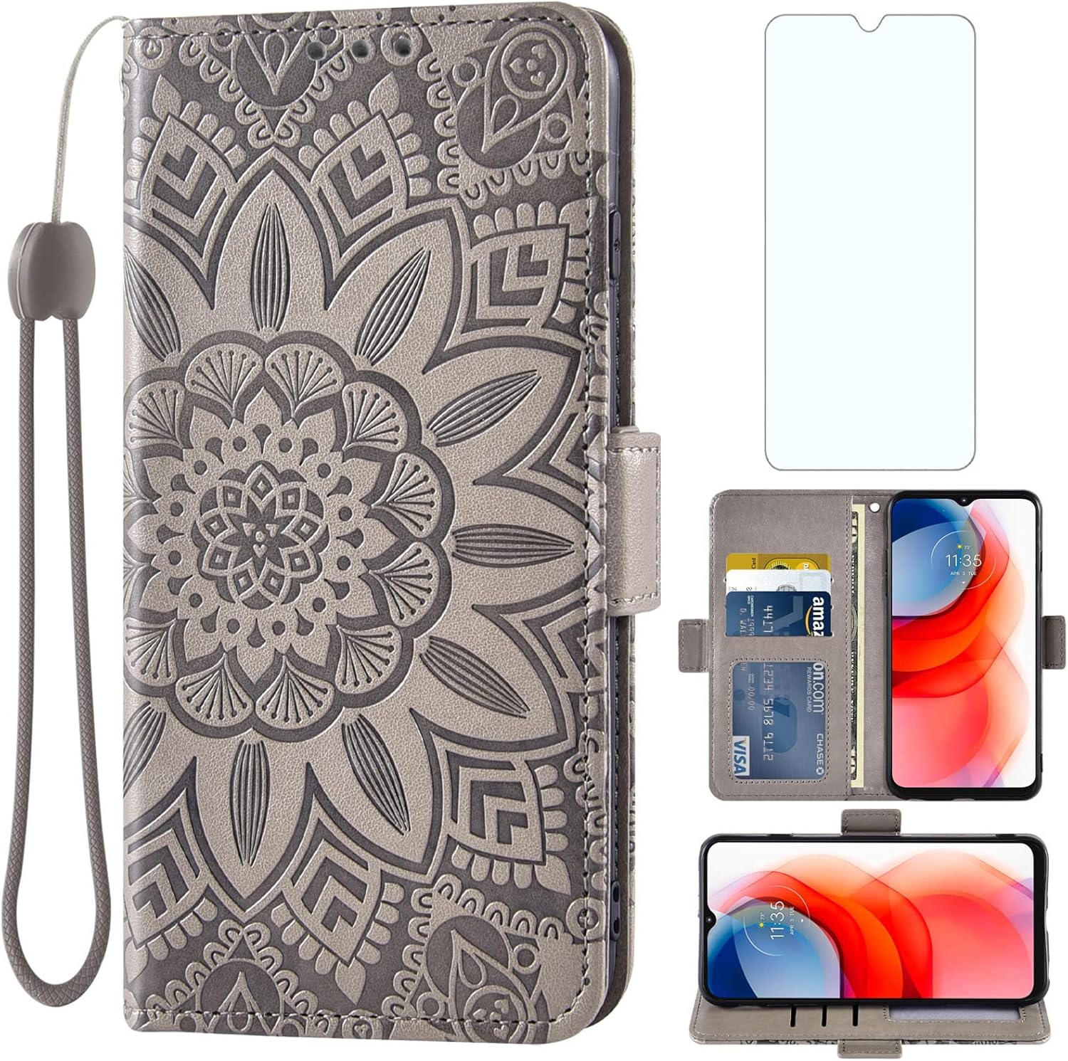 Asuwish Funda de teléfono para Moto G Play 2021 con protector de pantalla de vidrio templado y cartera de cuero con diseño de flores, soporte para
