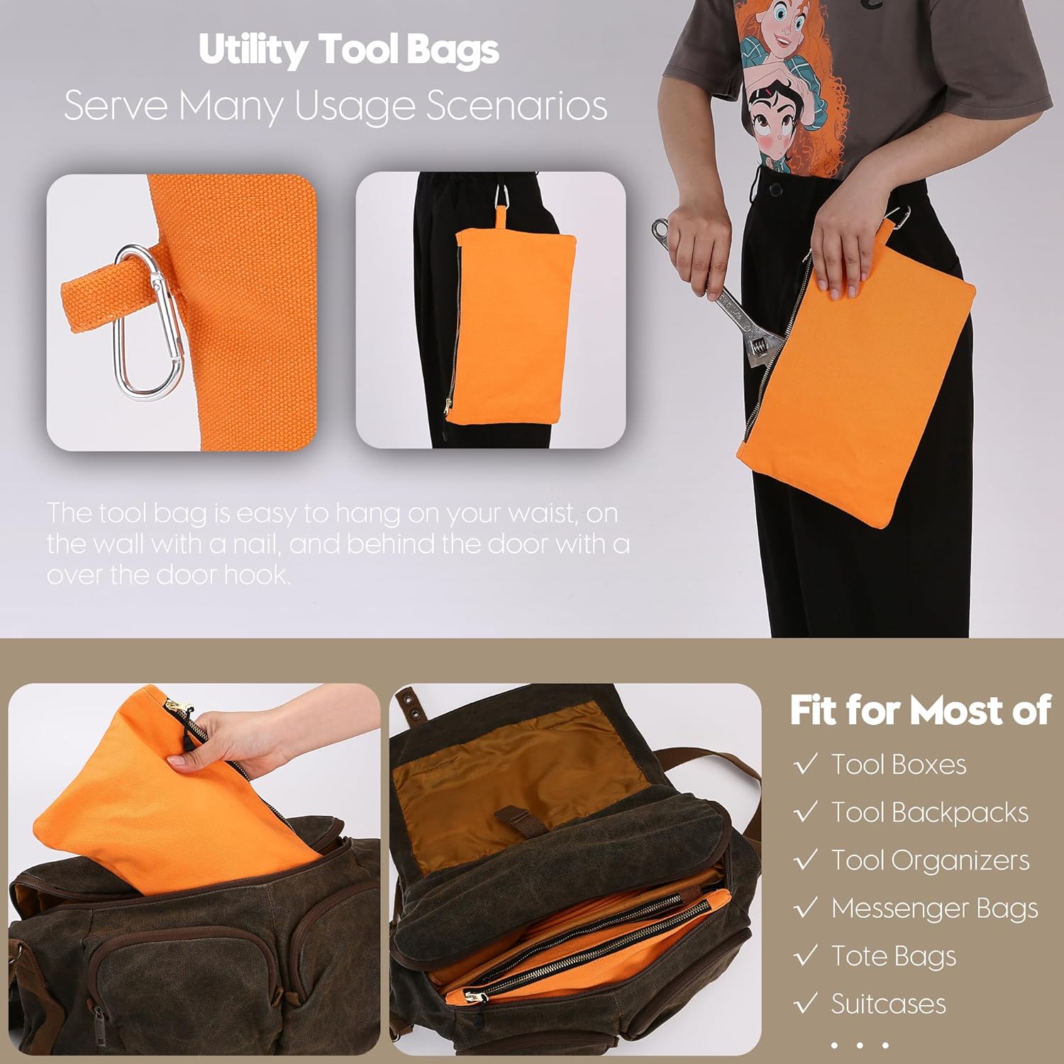 Sea Team Paquete de 3 bolsas de herramientas de lona, bolsa de almacenamiento resistente con cremallera con resorte de metal, organizador de