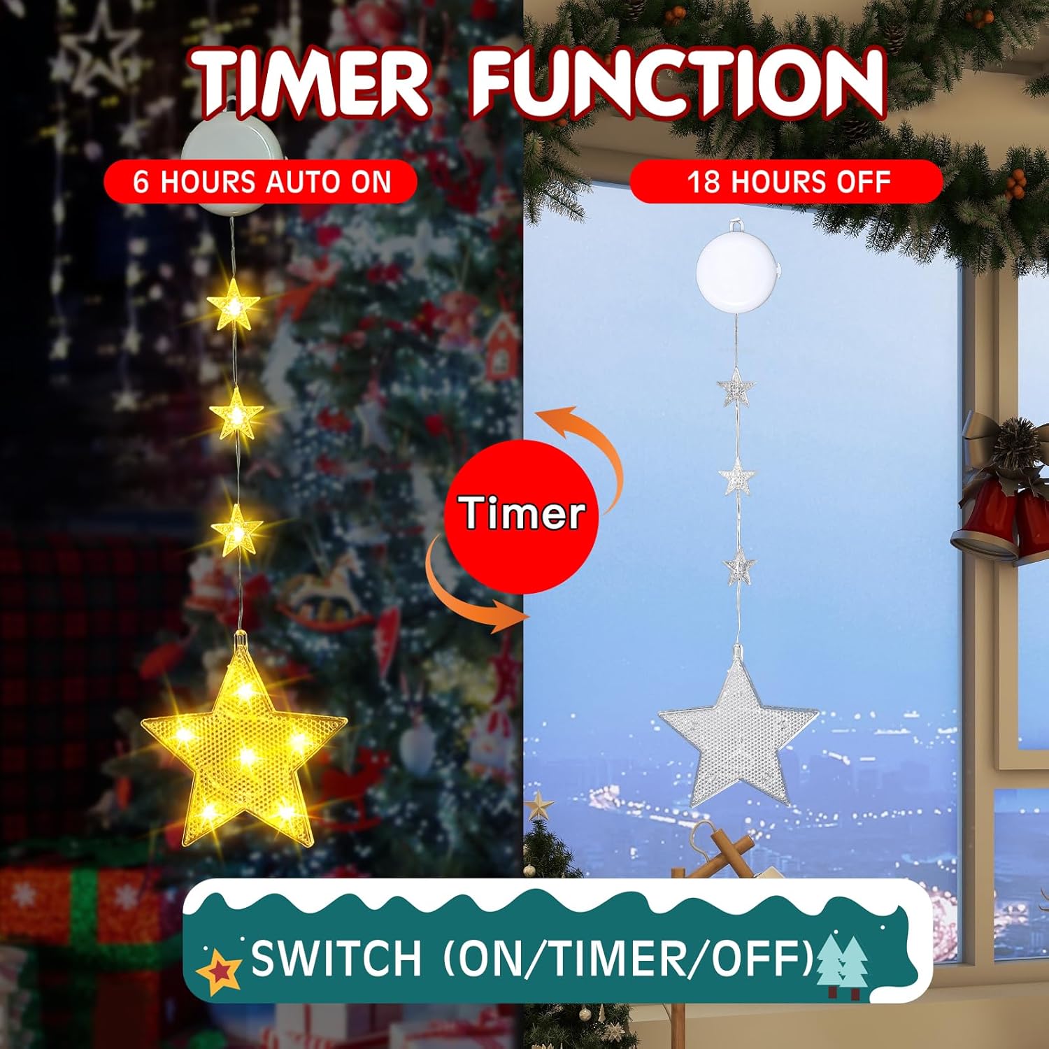 Decoraciones de Navidad, 3 luces de Navidad para ventana, alimentadas por pilas, decoración de ventana de Navidad, árbol y copo de nieve y forma de