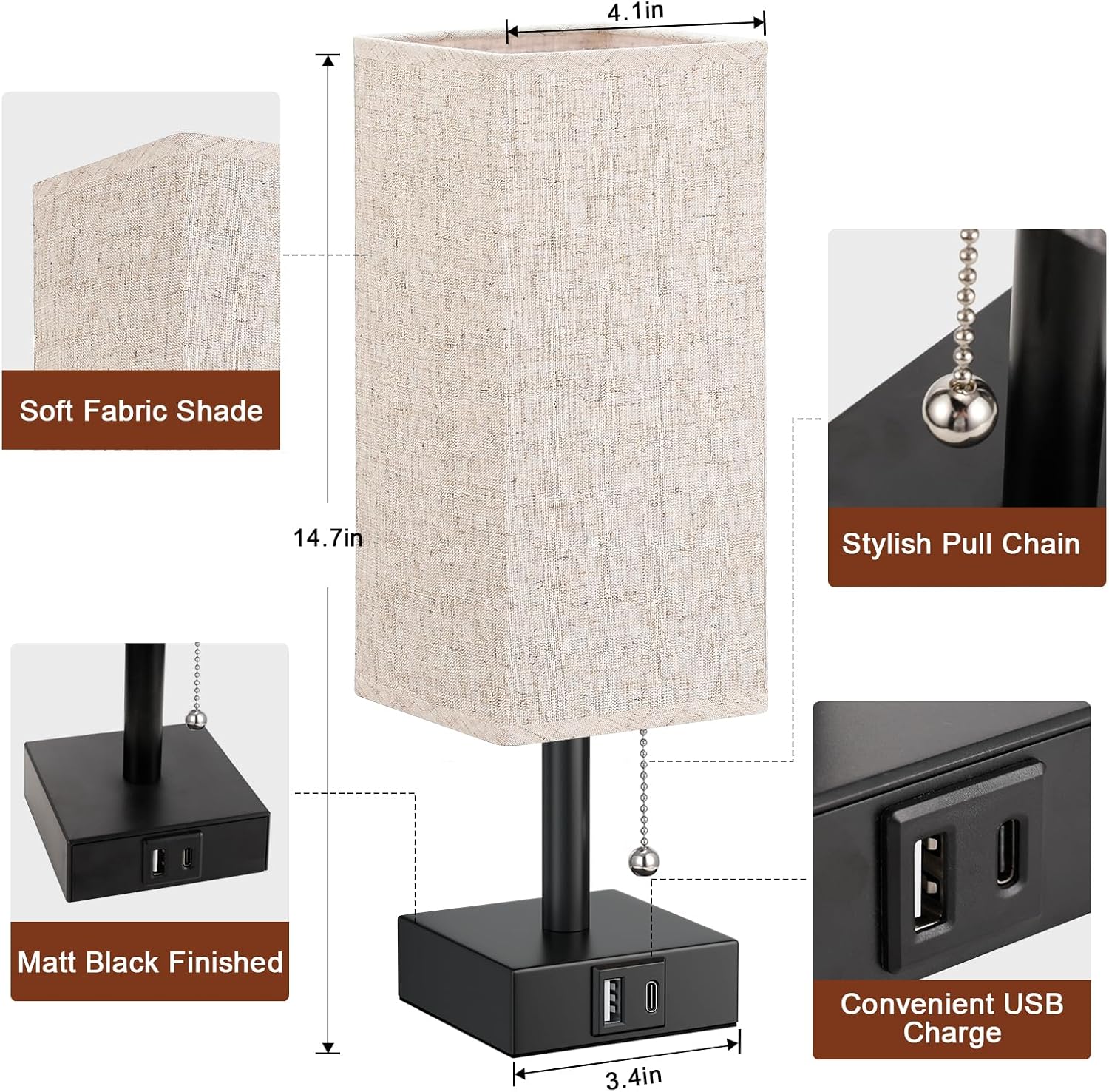 Lámpara de noche beige con puertos USB, lámpara de dormitorio con cadena de tracción para mesita de noche, lámpara de mesa pequeña con USB C + un