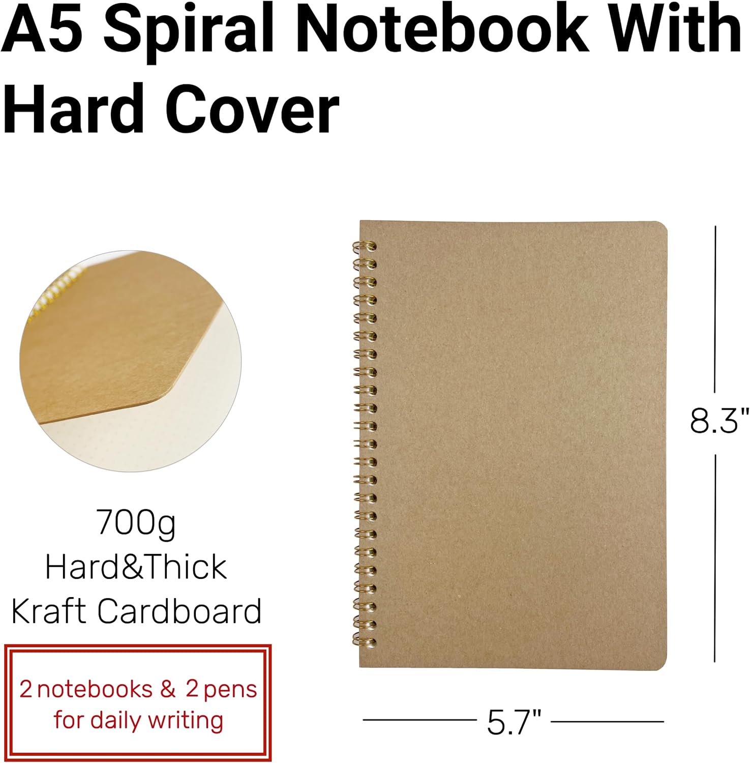 AOU Paquete de 2 cuadernos de puntos en espiral, diarios A5 con papel de cuadrícula de puntos gruesos de 3.53 ozm, diarios estéticos con 200 páginas