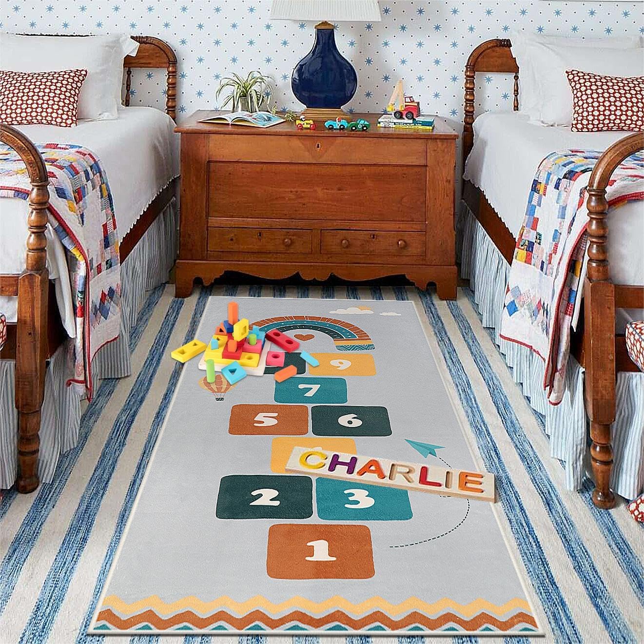 STARUIA Alfombra gris Hopscotch para niños para sala de juegos, alfombra antideslizante lavable para habitación de los niños, alfombra suave y