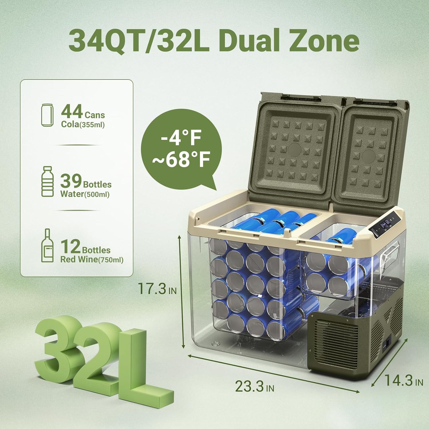 BODEGA COOLER Refrigerador de coche de 12 voltios, refrigerador de coche de 34 cuartos (32 L) zona dual, congelador portátil de 12 V, control de