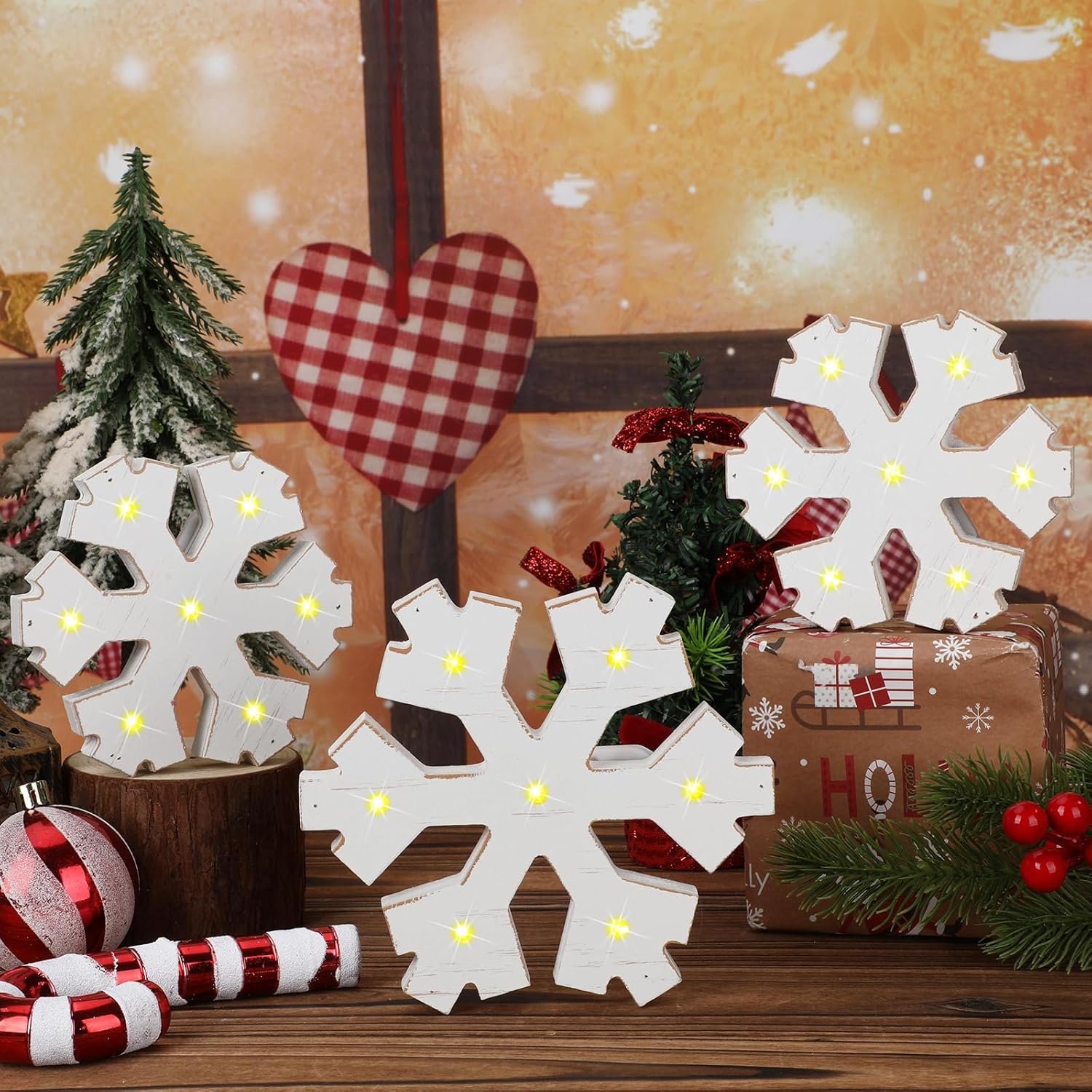 3 piezas de decoración de copo de nieve de madera para invierno, luz LED de copo de nieve, bloques de copo de nieve de Navidad, alimentados con