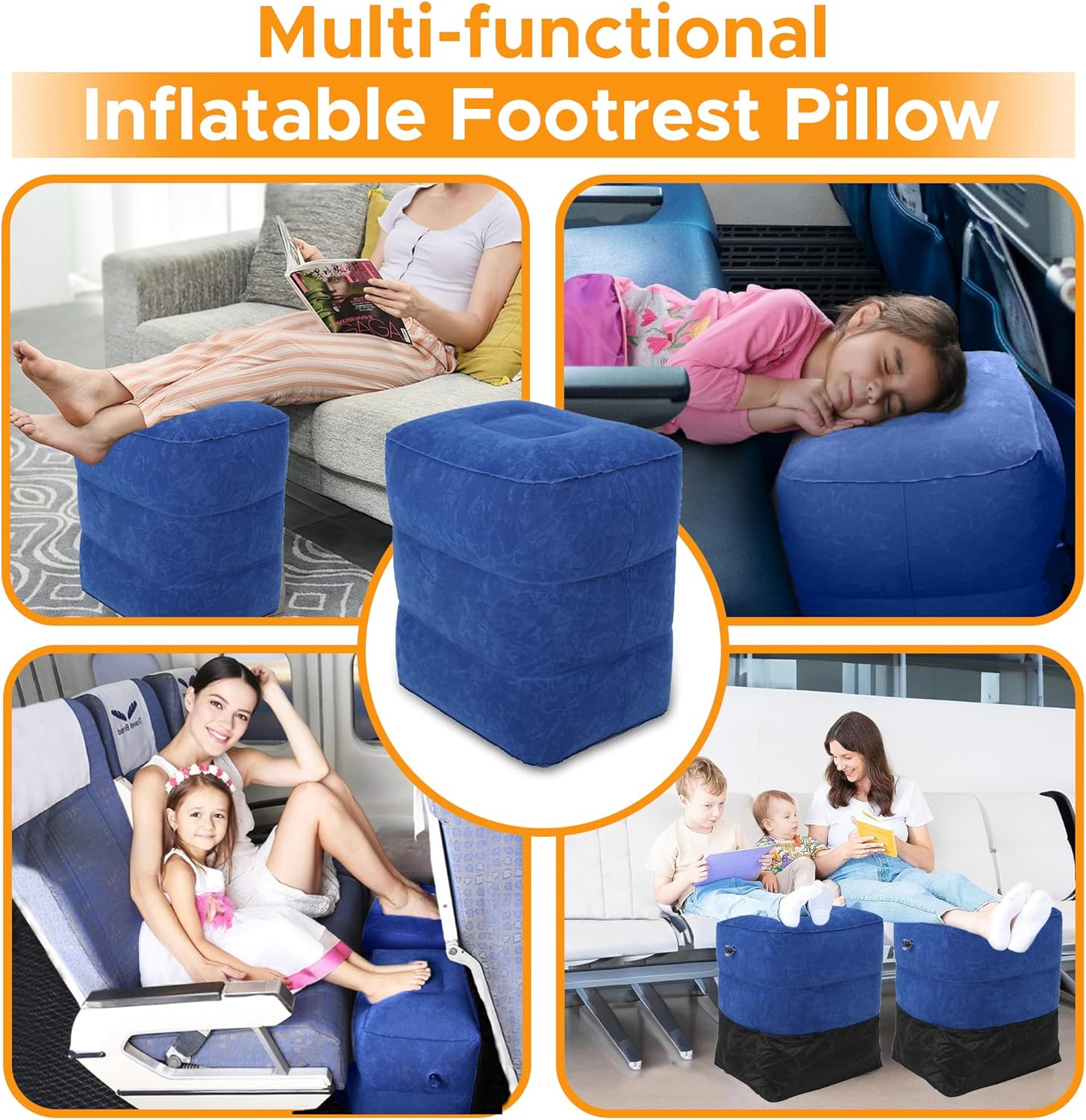 ENIE Paquete de 1 reposapiés inflable para viajes aéreos, ajustable de tres capas para avión de viaje con bomba de mano, cama inflable ajustable