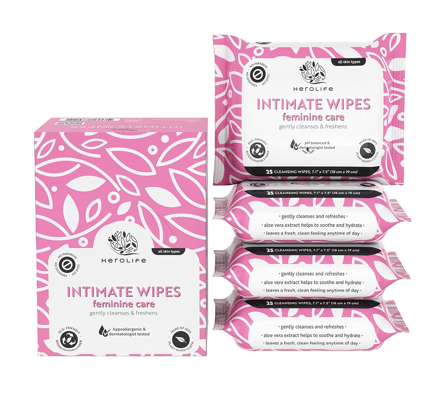 Toallitas íntimas para cuidado femenino, a base de plantas, pH equilibrado, biodegradables, hipoalergénicas, formuladas con ingredientes derivados