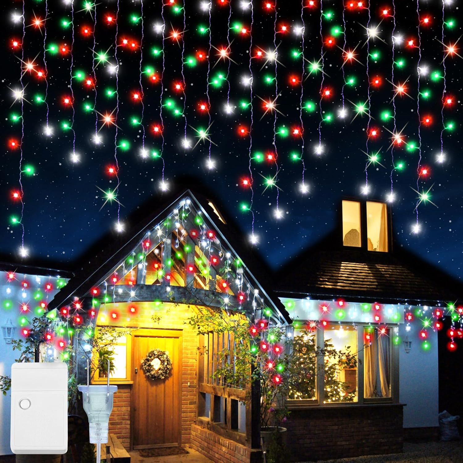 Baquler Luces LED de Navidad de carámbano de 200 pies, decoración al aire libre, 2592 luces LED extralargas parpadeantes, 8 modos, cable