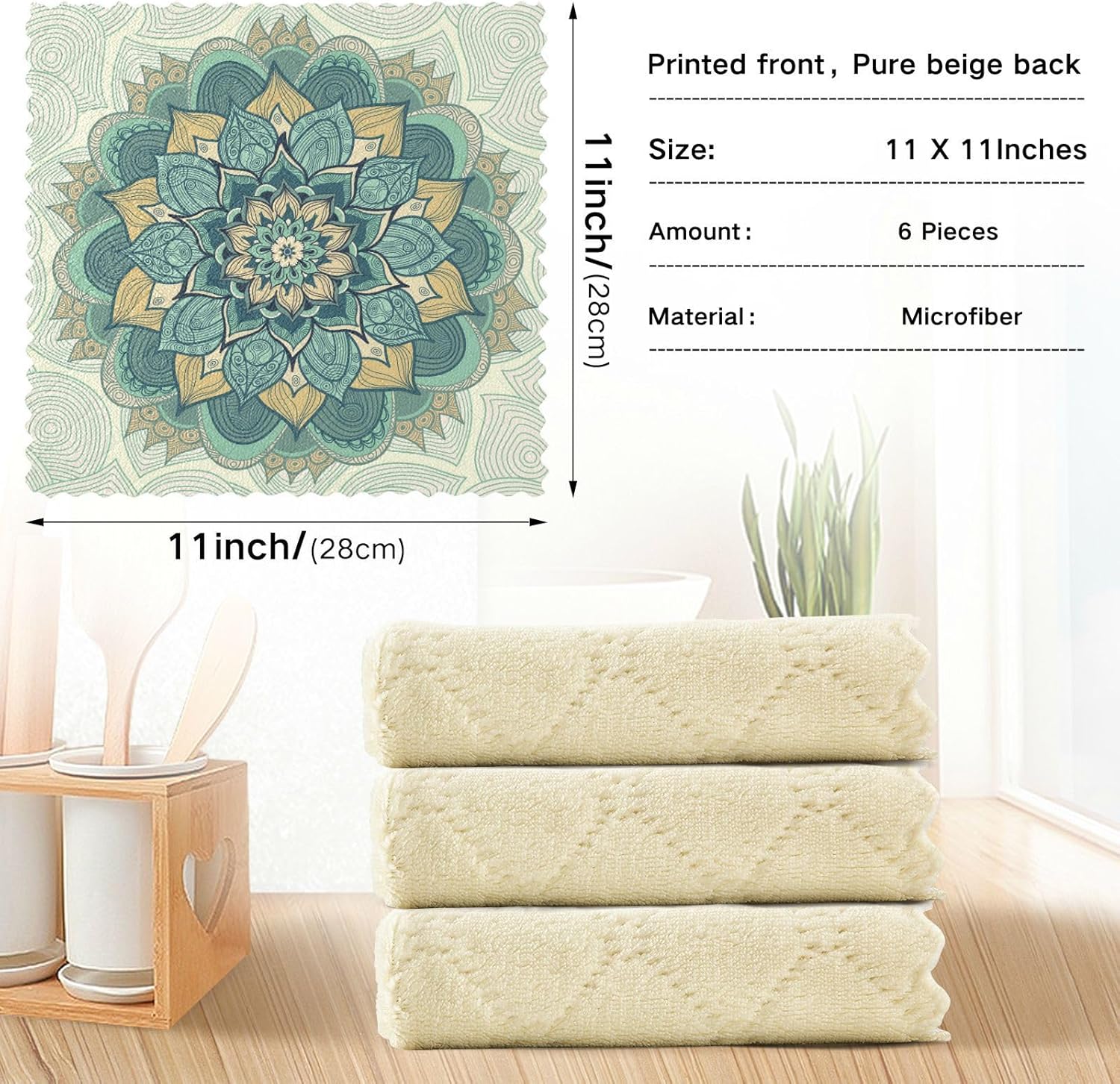 Ornamental Round Mandala Floral 6 Pack Quick Dry Microfiber Dish Drying Towel Print Cotton Rags for Countertop Sink