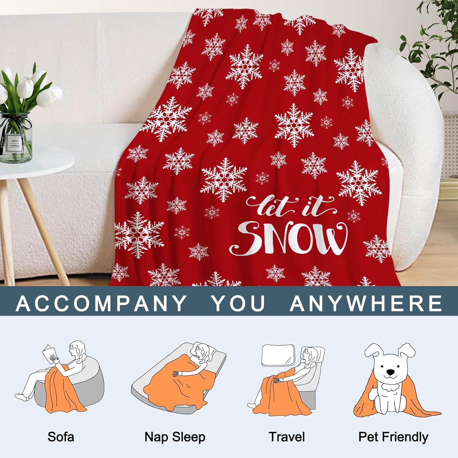 Neatee Living Manta decorativa de Navidad, tamaño individual, manta de invierno de Navidad con copos de nieve para sofá cama, manta suave y ligera