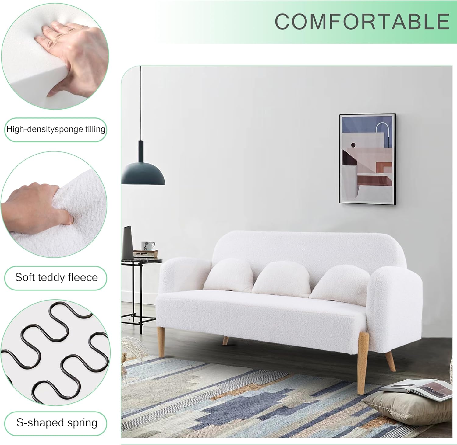 HanStrong Sofá biplaza, 59.1 pulgadas, sofá pequeño y moderno con tres bonitas almohadas lumbares curvadas para espacios pequeños, beige claro