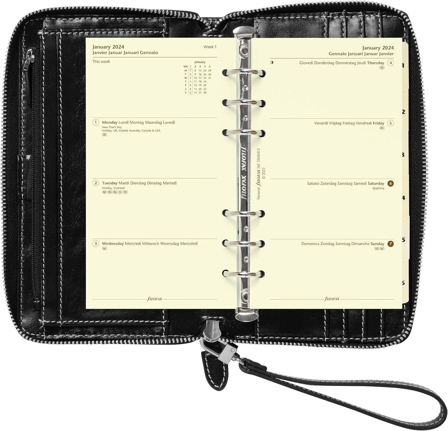 Filofax Malden – Organizador de cremallera, tamaño compacto personal, negro, táctil, piel de búfalo de grano completo, seis anillos, con calendario