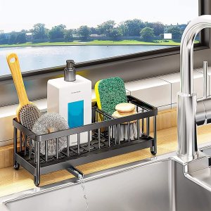 Camidy Organizador multifuncional para fregadero de cocina, organizador de cepillos para fregadero con bandeja de drenaje extraíble, organizador de Camidy Organizador multifuncional para fregadero de cocina, organizador de cepillos para fregadero con bandeja de drenaje extraíble, organizador de