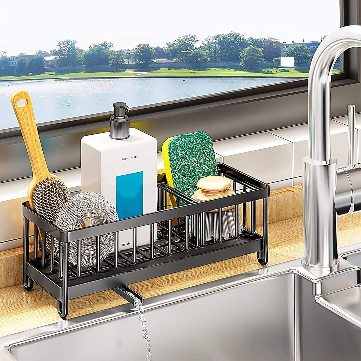 Camidy Organizador multifuncional para fregadero de cocina, organizador de cepillos para fregadero con bandeja de drenaje extraíble, organizador de