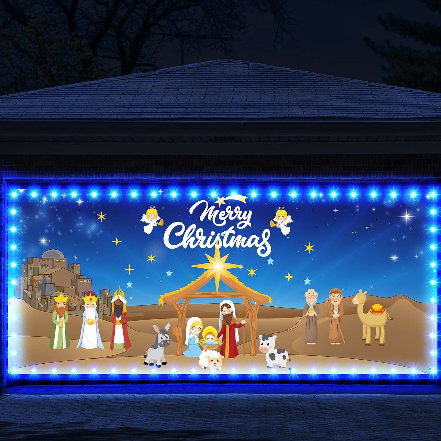 Cartel de Navidad para puerta de garaje al aire libre, 7 x 16 pies, decoración de fondo grande de Navidad con tira de luces LED, cubierta de vinilo