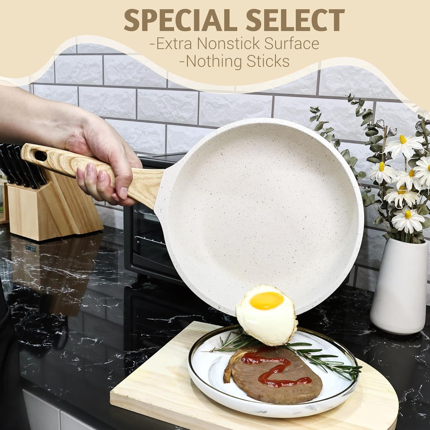 Wodillo Juego de ollas y sartenes antiadherentes, juego de utensilios de cocina de inducción beige, sartén saludable antiadherente para saltear y