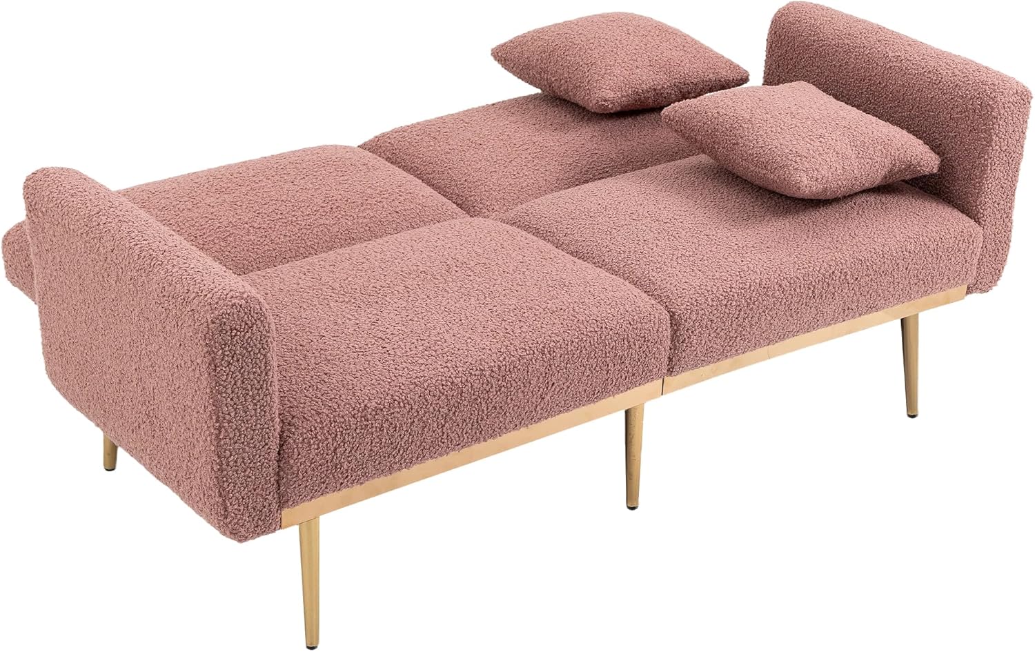 Kakotito Sofá biplaza de terciopelo moderno de mediados de siglo, sofá pequeño con 7 patas de metal dorado (peluche rosa cepillado)