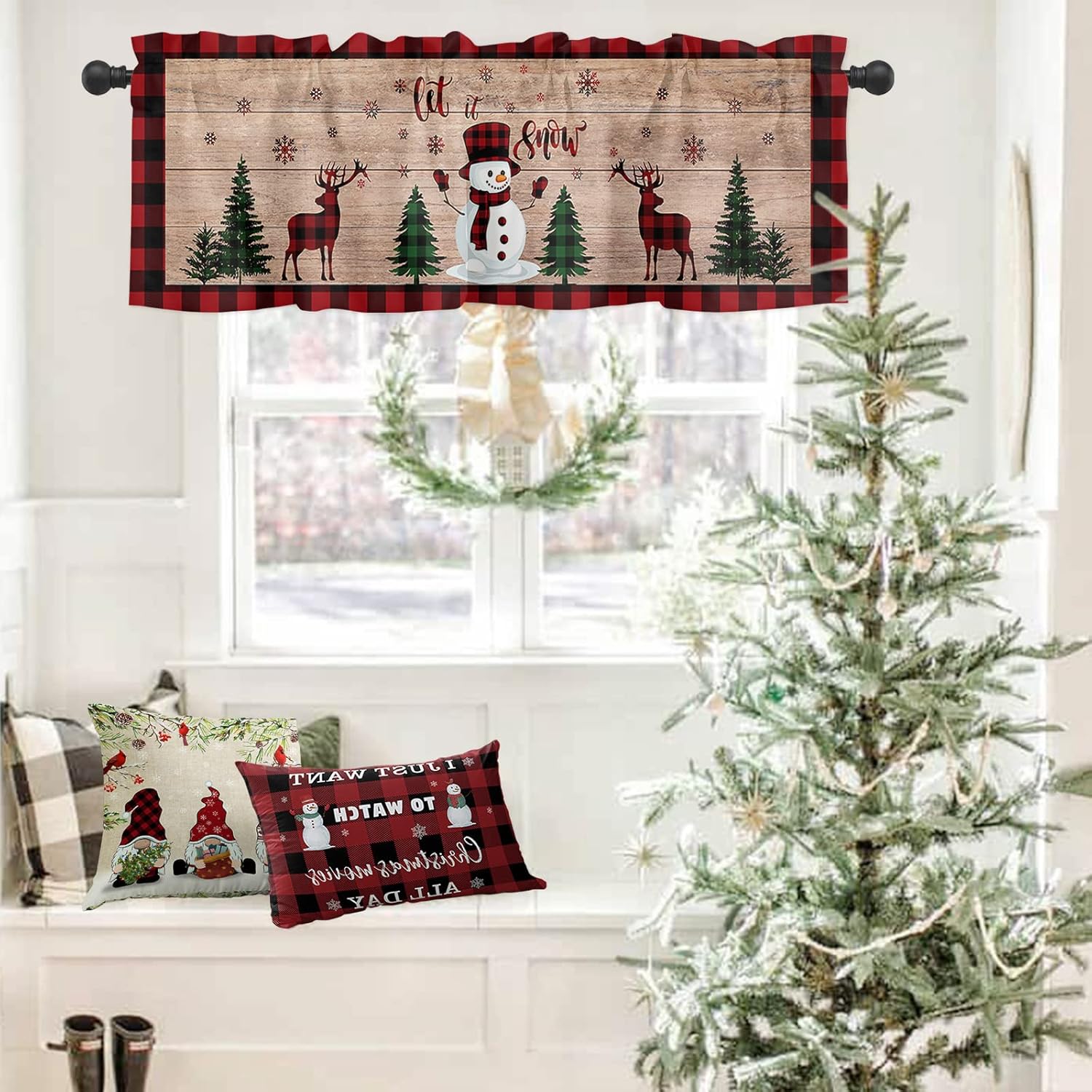 Cenefa de cortina de cocina con diseño de muñeco de nieve de Navidad, cenefa de ventana con bolsillo para barra, 1 panel de cenefas para sala de
