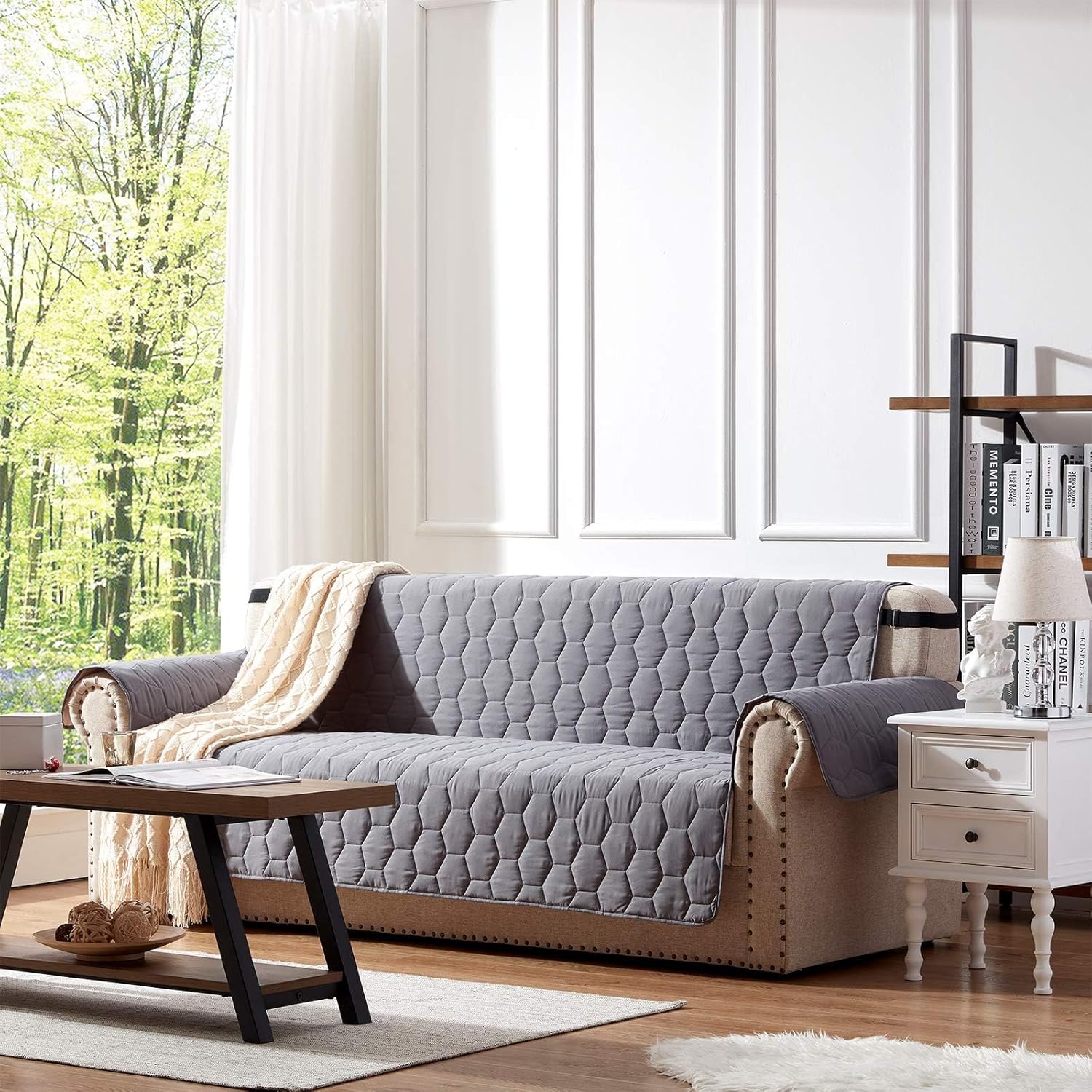 SunStyle Home Funda de sofá gris oscuro, resistente al agua, funda protectora para muebles, funda acolchada de panal con correa elástica ajustable y