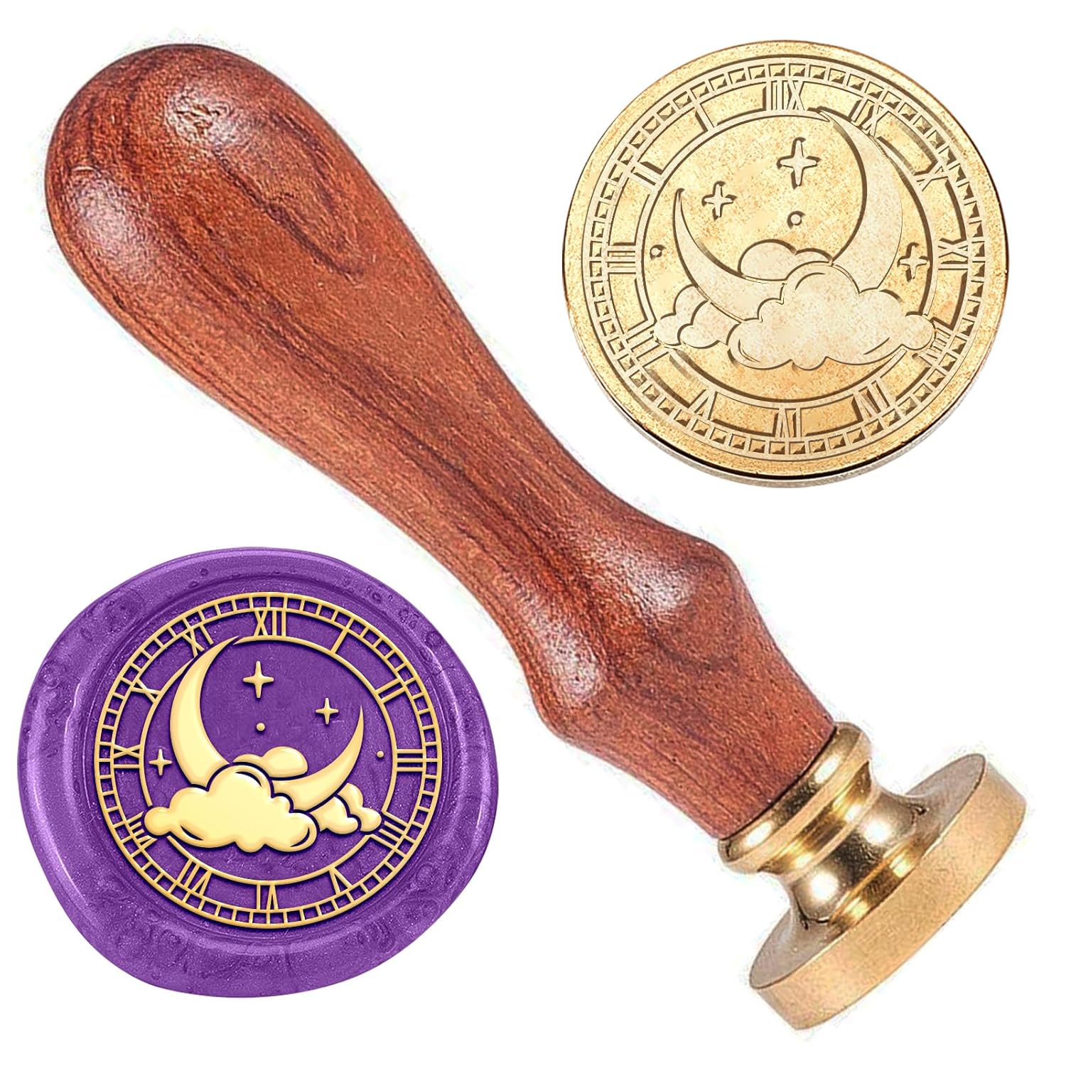 Moon Cloud – Juego de sellos de cera de reloj vintage, 1 pulgada, cabeza de sello de latón extraíble con mango de madera para tarjetas de