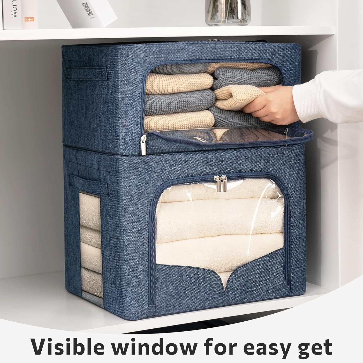Paquete de 3 contenedores de almacenamiento de ropa, caja de almacenamiento plegable grande con marco de metal, organizador apilable de tela de lino