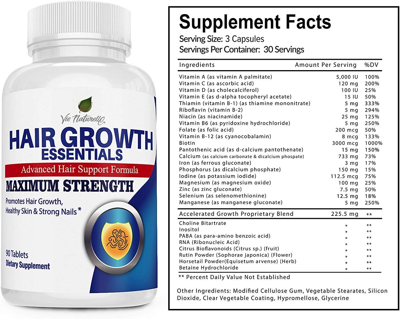 Suplemento Hair Growth Essentials para caída del cabello, tratamiento avanzado para crecimiento del cabello con 29 vitaminas fuertes y nutrientes