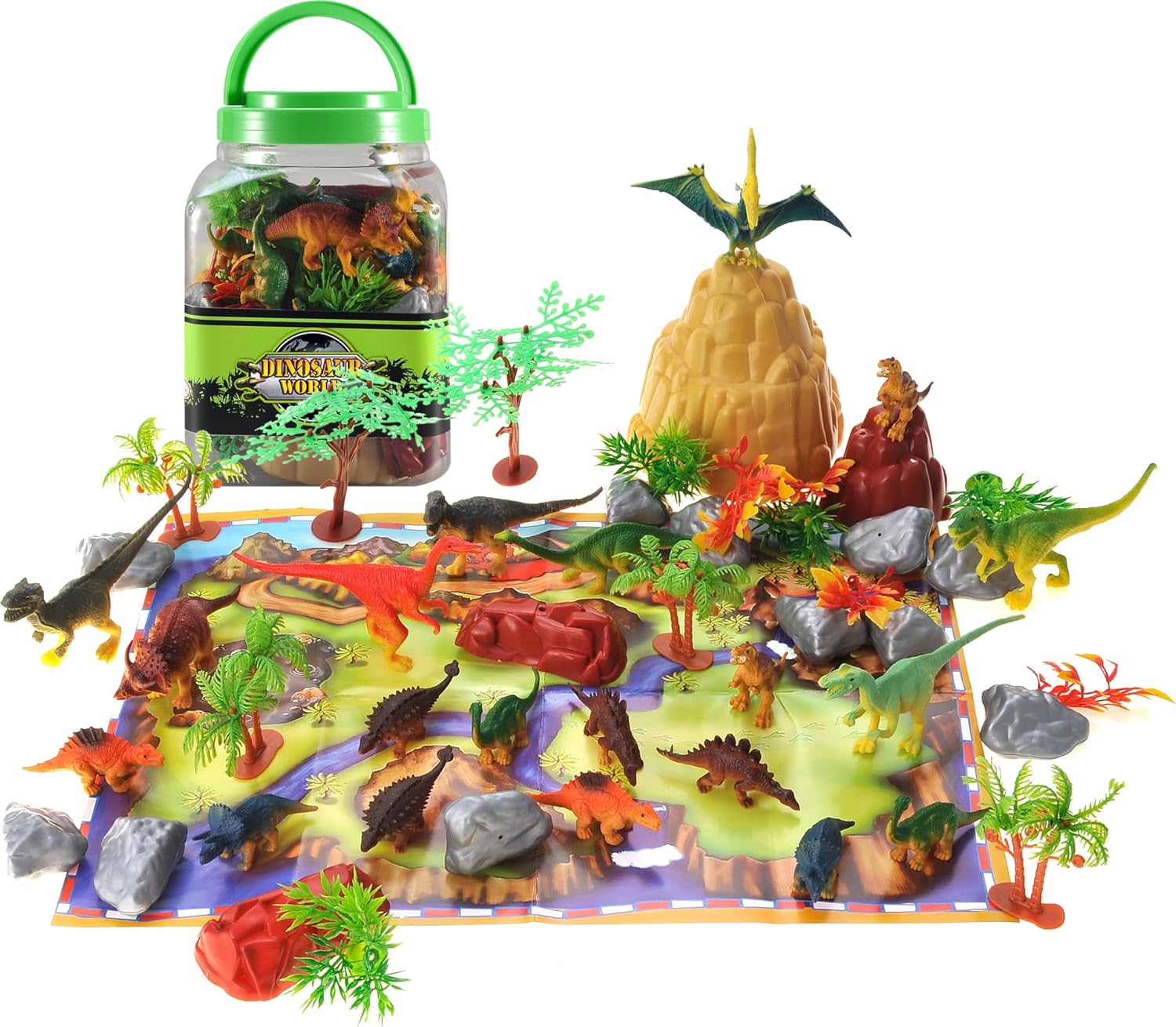 PowerTRC Juego de figuras de dinosaurio con árboles, rocas, tapete de juego y contenedor para niños y niñas  Crea un parque de dinosaurios con un