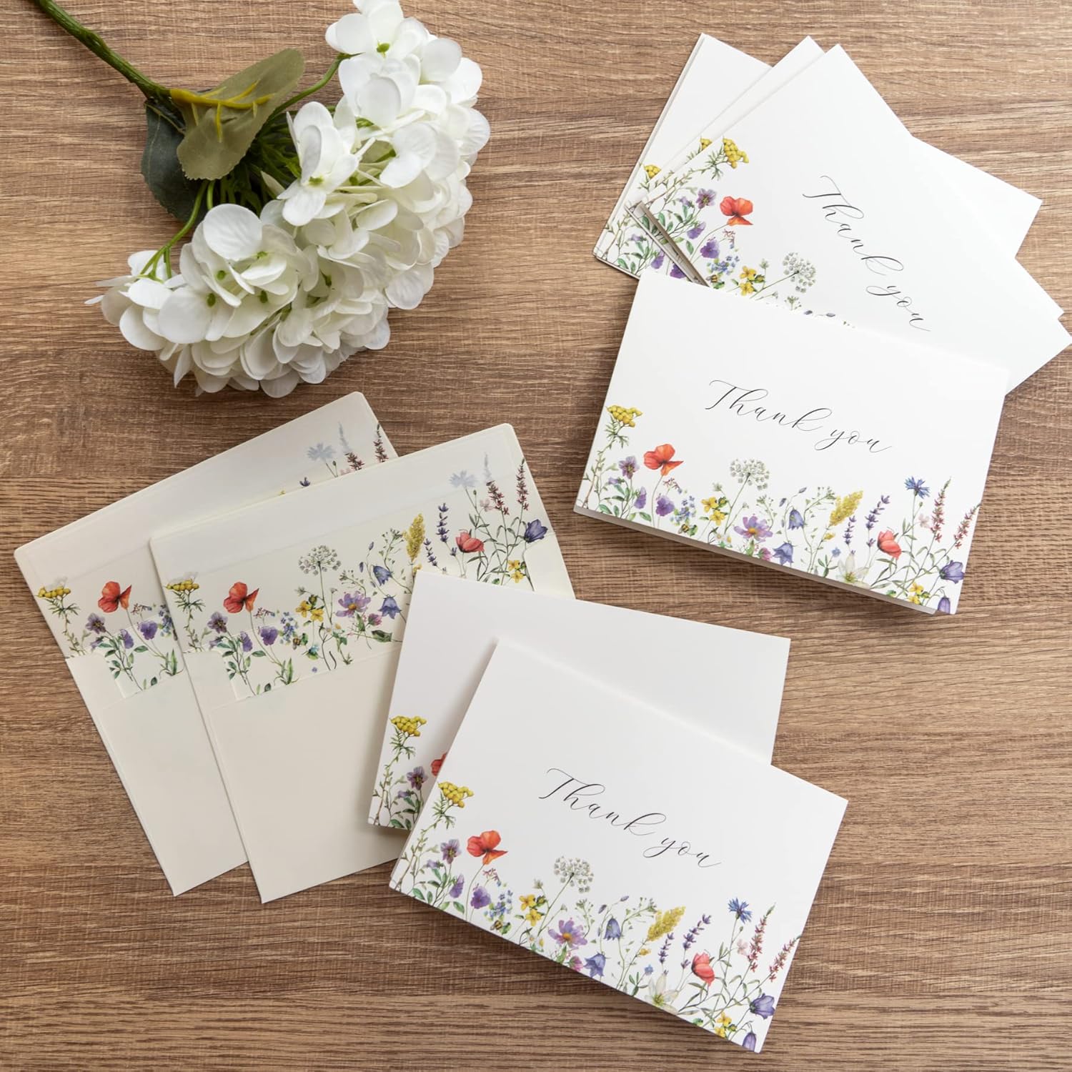 Tarjetas de agradecimiento florales de verano 4 x 6 con sobres (paquete de 20 sobres a granel) a juego, flores silvestres, bodas, notas en blanco