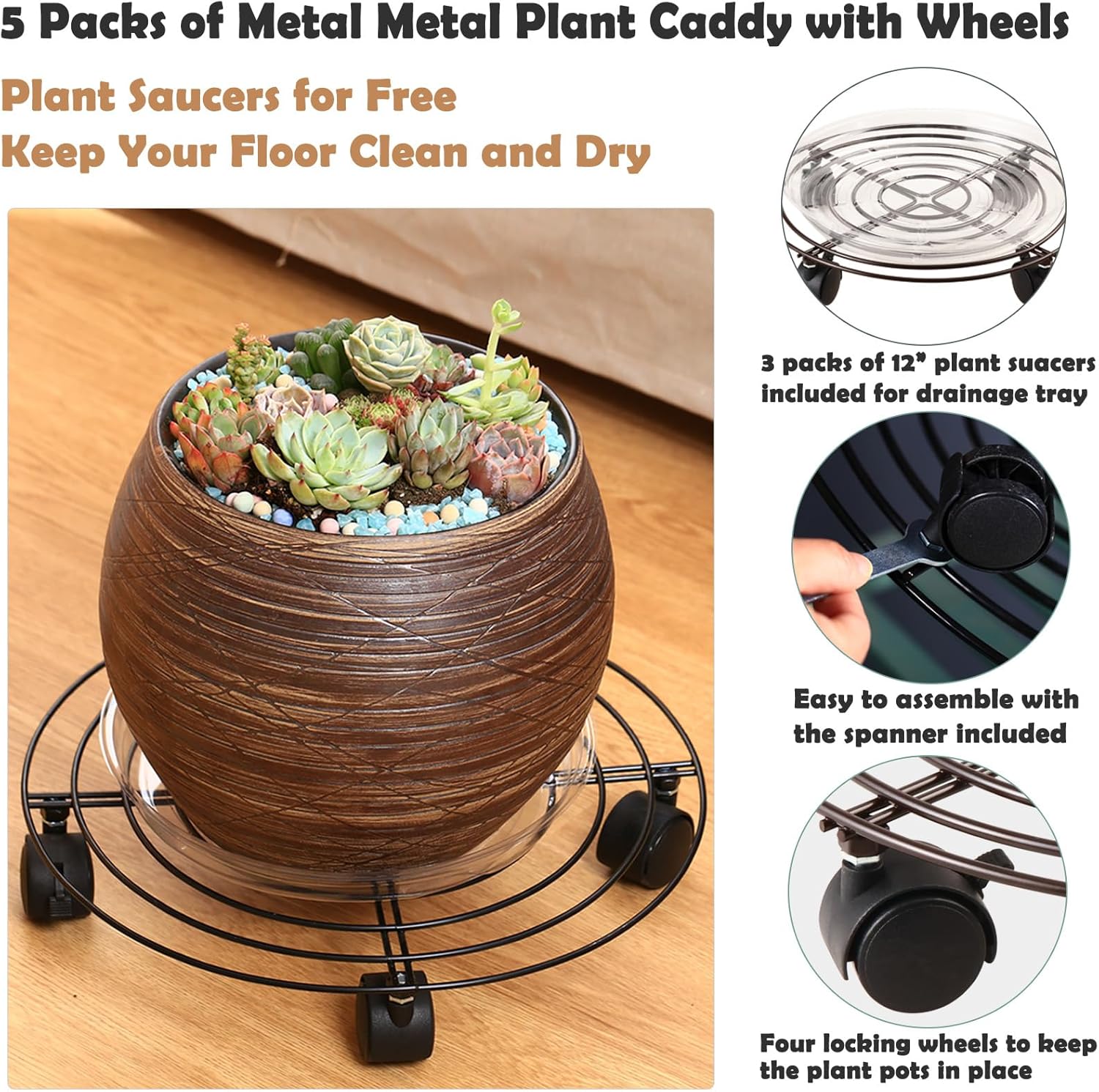 Paquete de 5 soportes grandes de metal para plantas de 13.8 pulgadas con ruedas de hierro forjado de alta resistencia con ruedas para interiores y