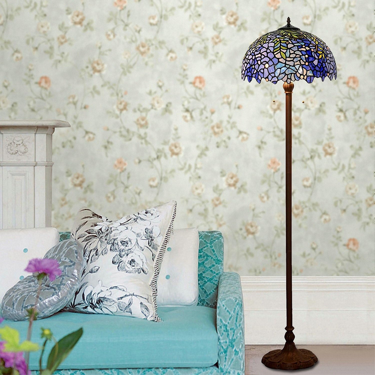 Lámpara de pie, estilo Tiffany, lámpara colgante de glicina morada con pantalla hecha a mano, adecuada para decorar habitaciones (morado, 16
