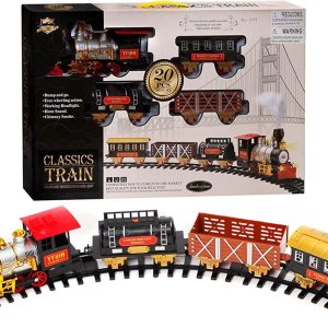 Juego de 20 trenes navideños con 4 vagones de tren, 16 secciones de riel, efectos de luz, sonido y humo, decoración festiva para árbol de Navidad Juego de 20 trenes navideños con 4 vagones de tren, 16 secciones de riel, efectos de luz, sonido y humo, decoración festiva para árbol de Navidad