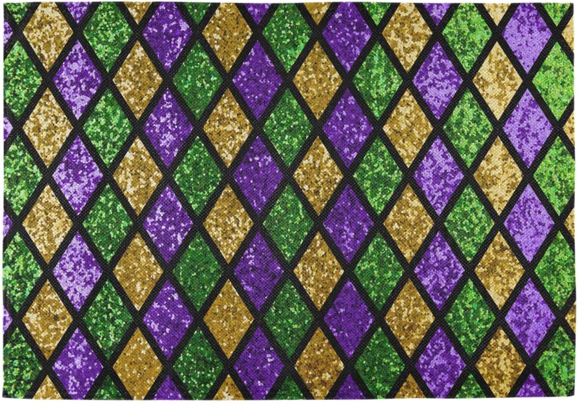 Happy Gardi Gras – Juego de 4 manteles individuales dorados, morados, verdes, máscara de flor de Lis con cuentas de confeti y plumas para fiesta de
