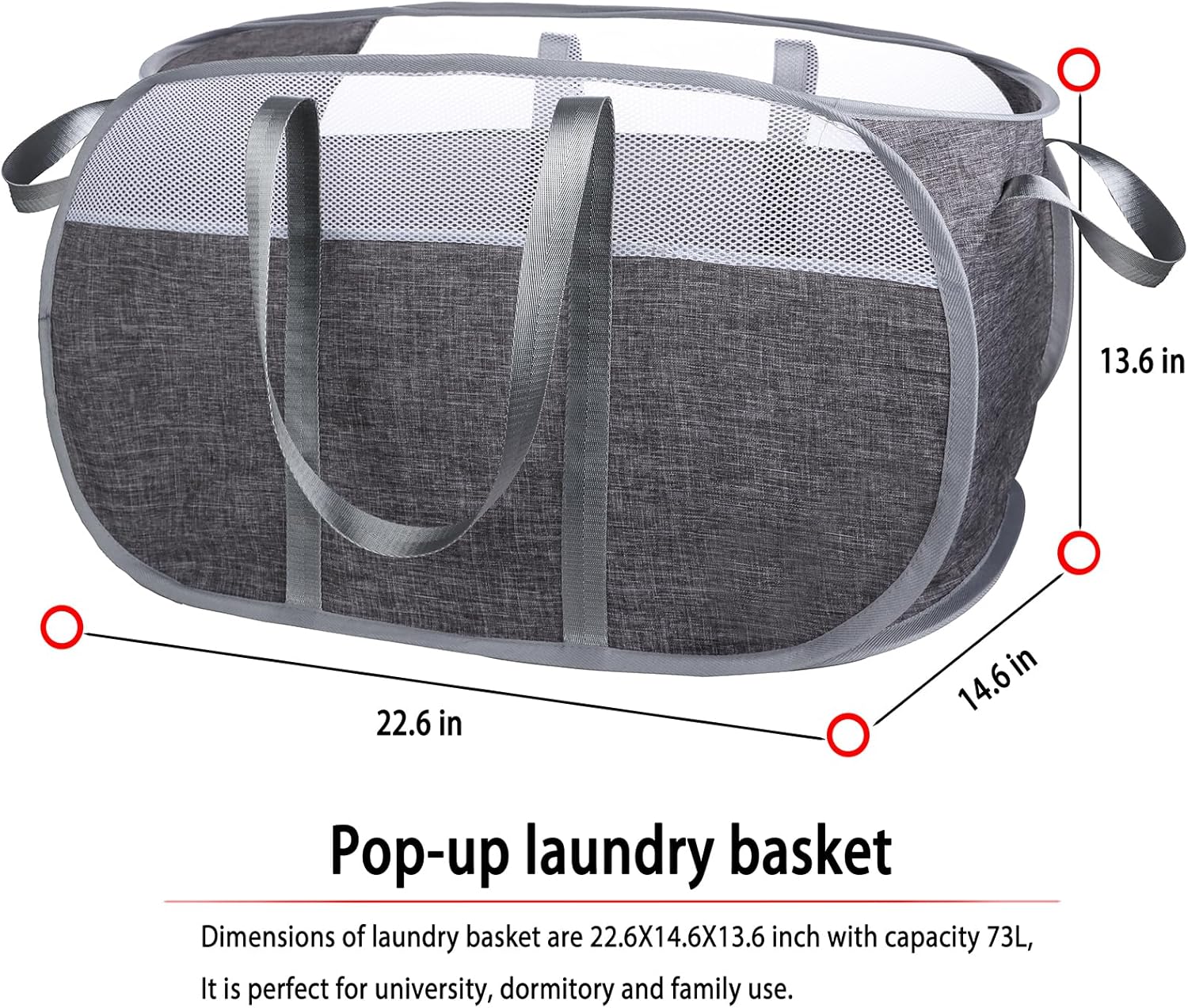 Cesta de lavandería desplegable, de malla, con correas extendidas para los hombros, asas resistentes y tela catiónica de primera calidad (gris)