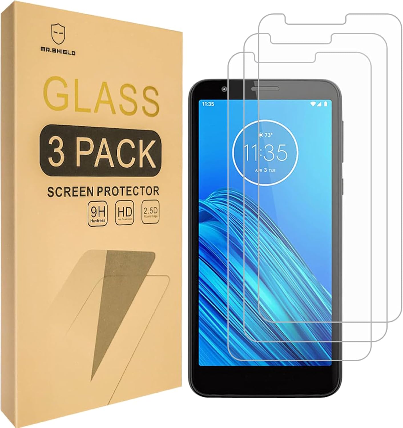 Mr.Shield Protector de pantalla diseñado para Motorola (Moto E6) vidrio templado paquete de 3 con reemplazo de por vida