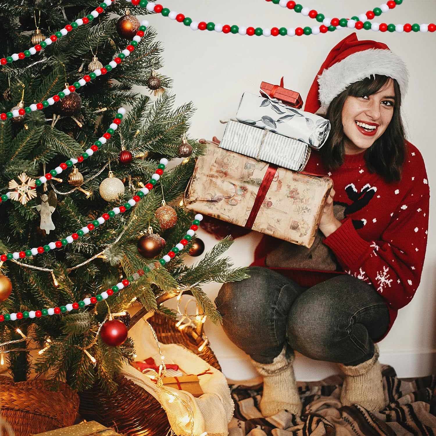 Frienda Guirnalda de cuentas de madera de Navidad de 100 pies, decoración de árbol de Navidad con cuentas de madera, cuentas decorativas de granja,