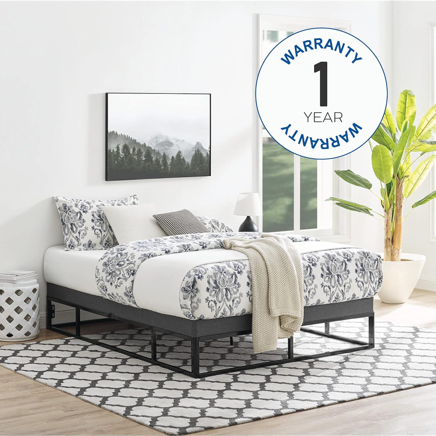 Classic Brands Capri – Base de cama con plataforma de metal blanco con base de colchón tapizada beige integrada, tamaño Queen
