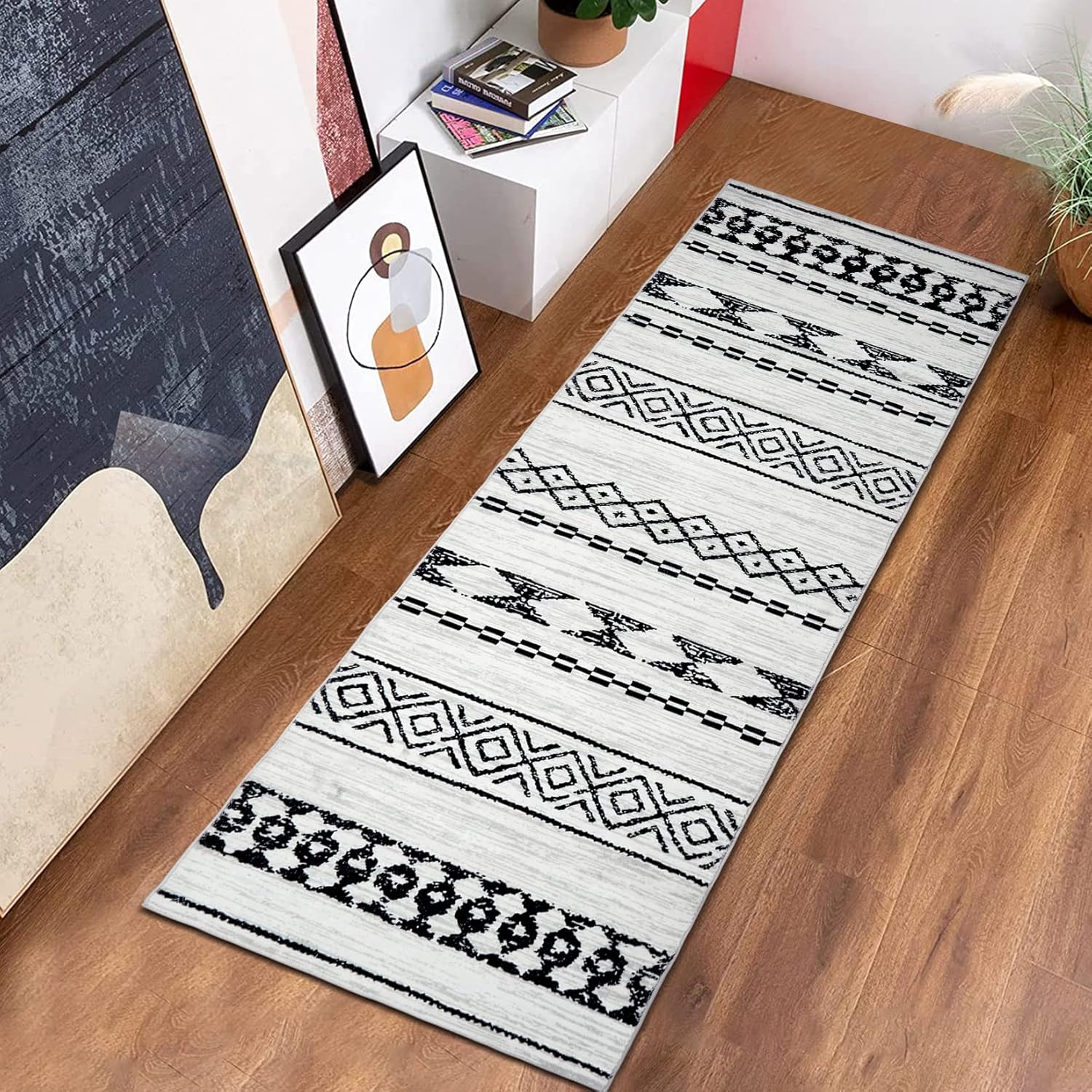 Alfombra de pasillo de 2 x 8 pies, impermeable, marroquí, lavable, para sala de estar, entrada, pasillo, lavandería, 2 x 8 pies, color negro y blanco