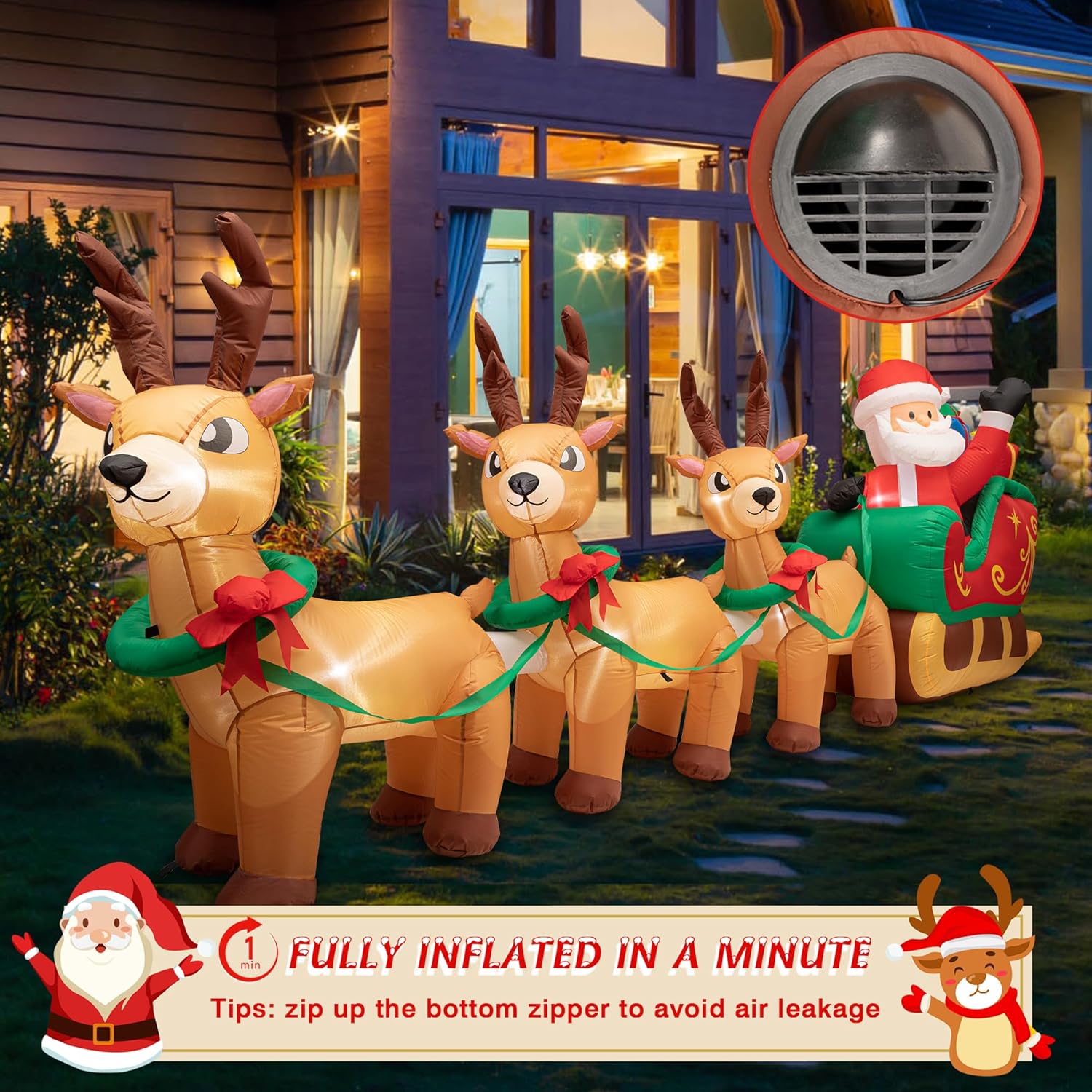Inflables de Navidad iluminados de 12 pies, Papá Noel en trineo con 3 renos y cajas de regalo, decoraciones inflables gigantes de Navidad, luces LED